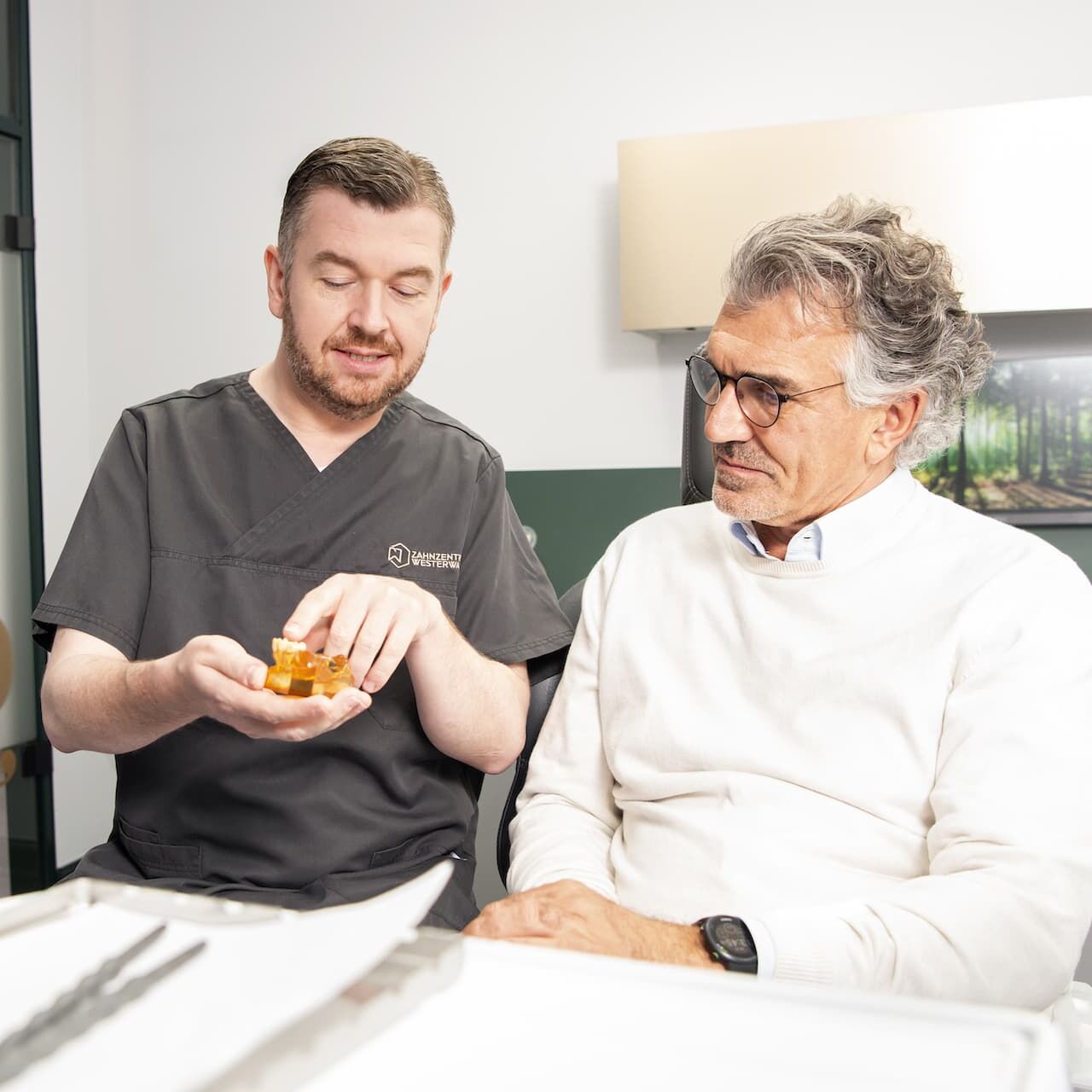 Zahnarzt erklärt einem Patienten am Modell die Behandlung